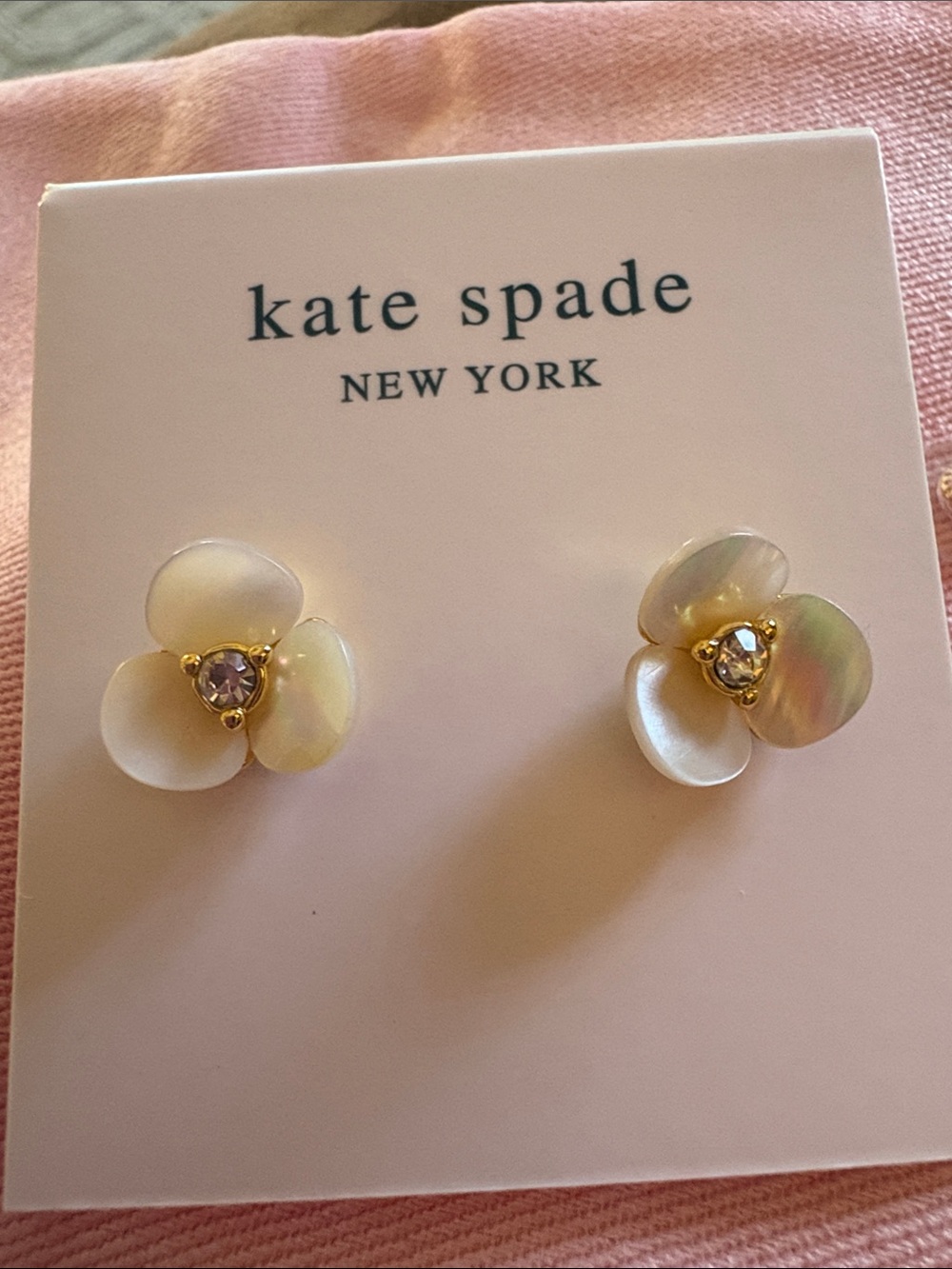 kate spade pearl white floral stud earrings with gold-tone and crystal